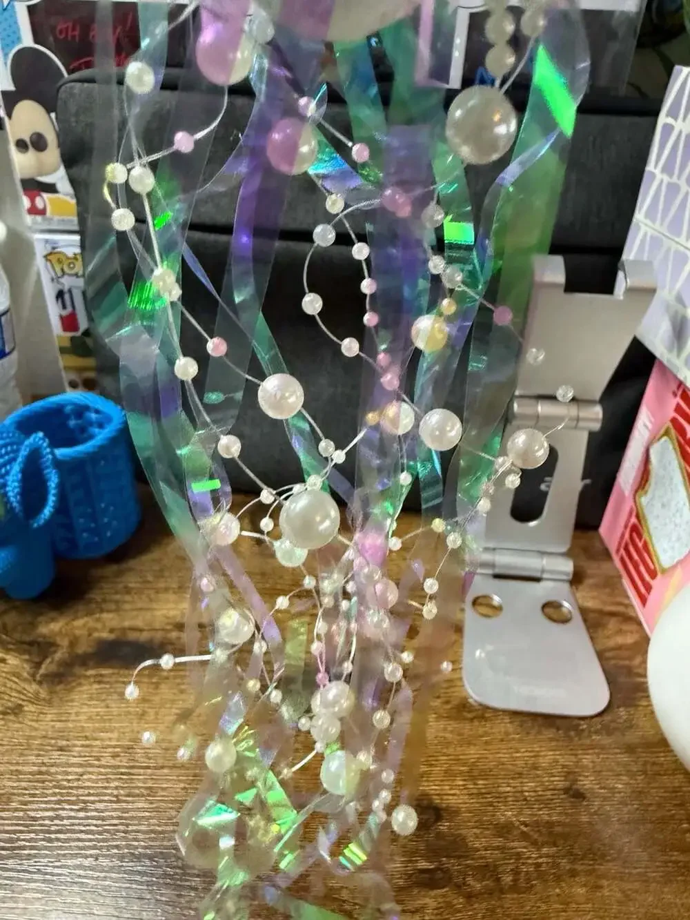 Blue Glass Jellyfish Christmas Ornament with Pearl and Rhinestone Accents